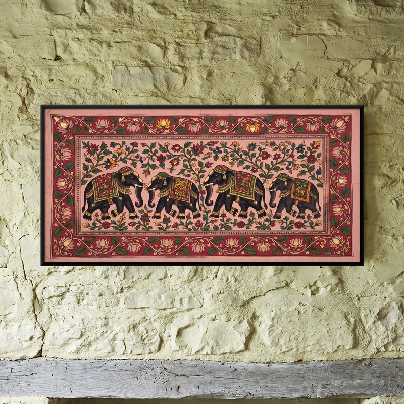 Elephants in Procession - framed canvas art hung on a wall