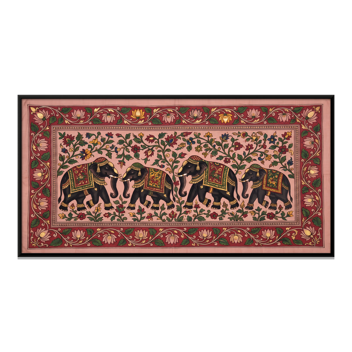 Elephants in Procession - framed canvas print, front view