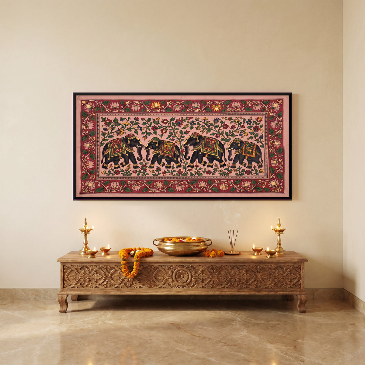 Elephants in Procession - canvas art shown in a styled room