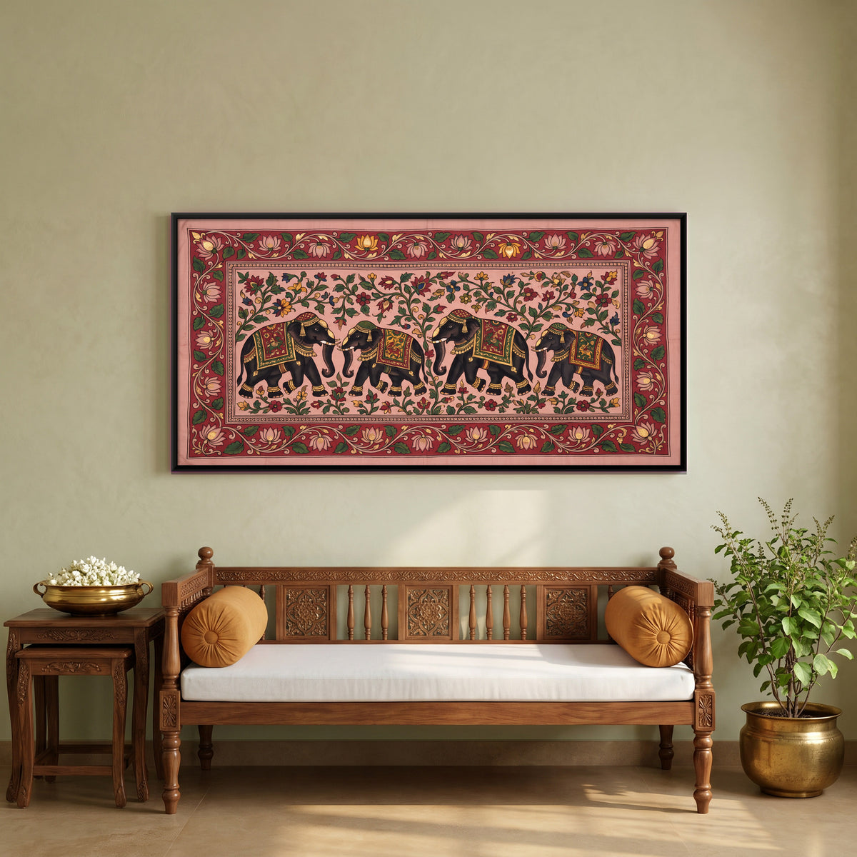 Elephants in Procession - canvas art shown in a second room setting