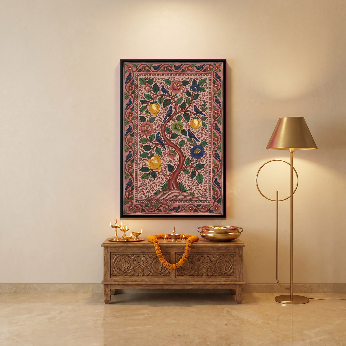 Tree of Life with Birds - canvas art shown in a styled room