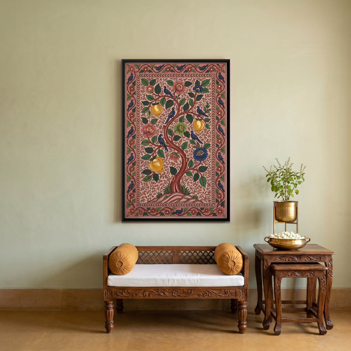 Tree of Life with Birds - canvas art shown in a second room setting