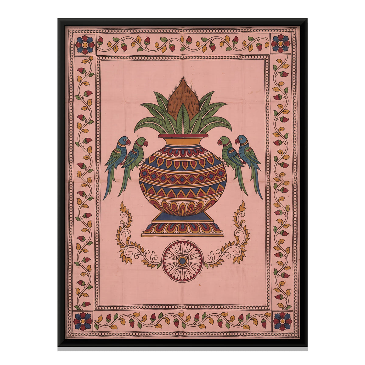 Kalash with Parrots - framed canvas print, front view