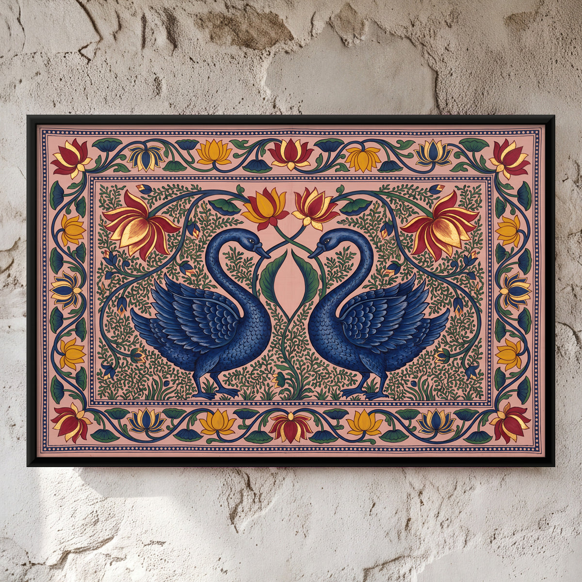 Pair of Swans with Lotus - framed canvas art hung on a wall