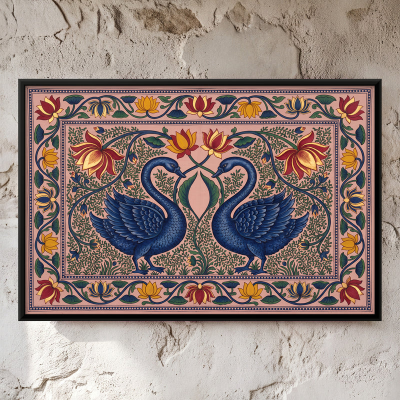 Pair of Swans with Lotus - framed canvas art hung on a wall