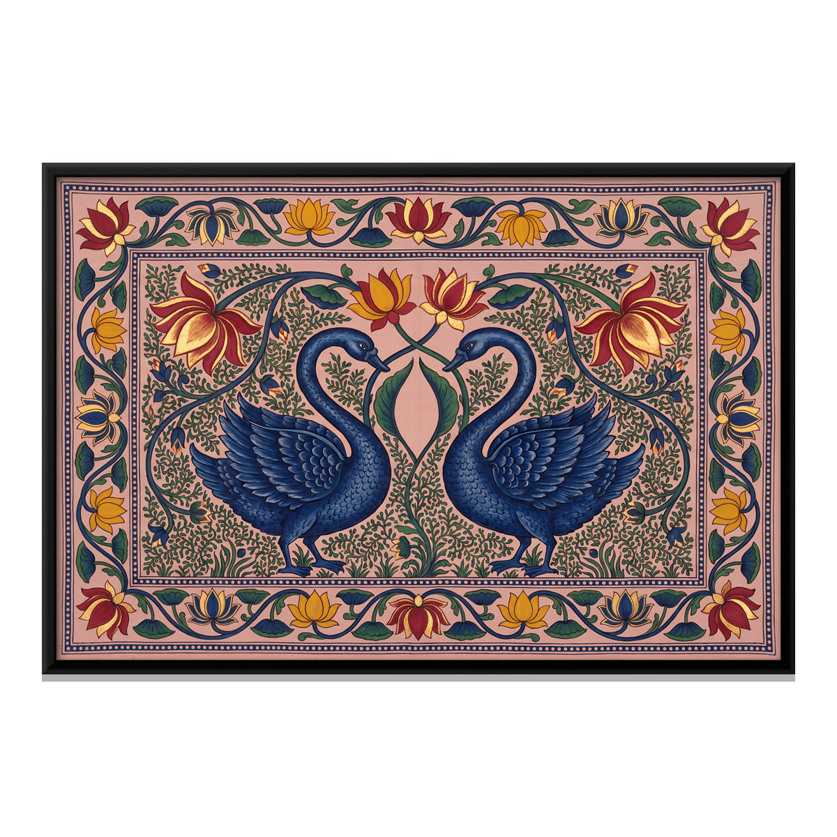 Pair of Swans with Lotus - framed canvas print, front view