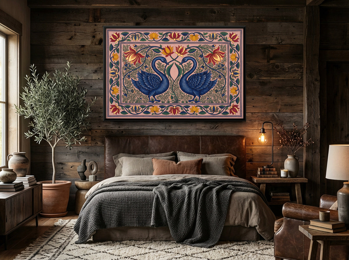 Pair of Swans with Lotus - canvas art shown in a second room setting