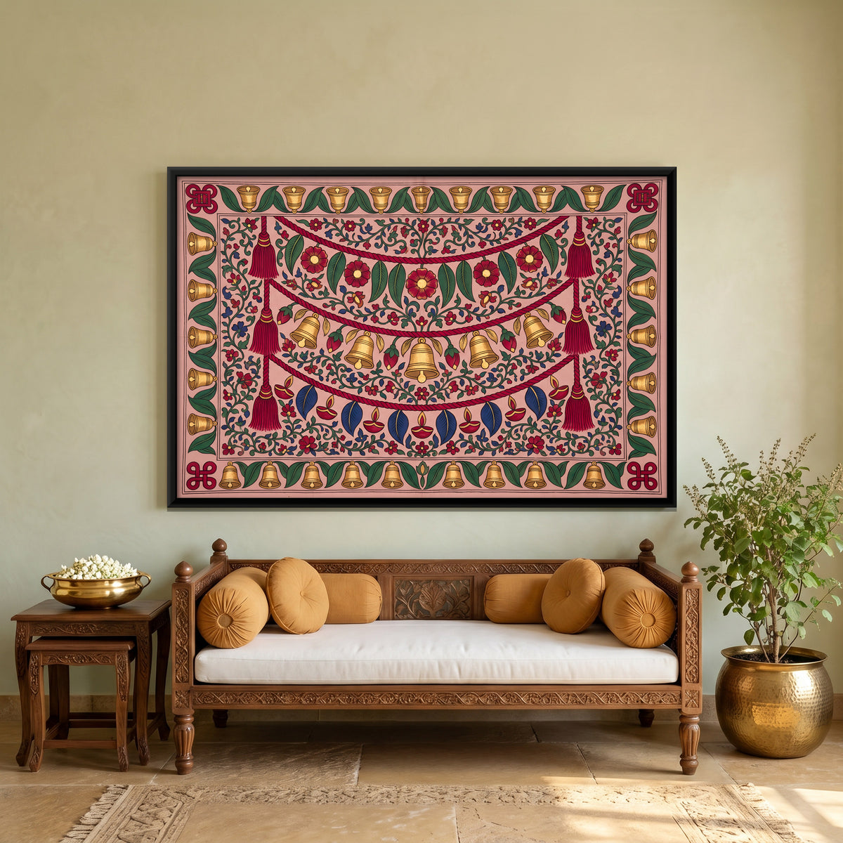 Toran with Temple Bells - canvas art shown in a styled room