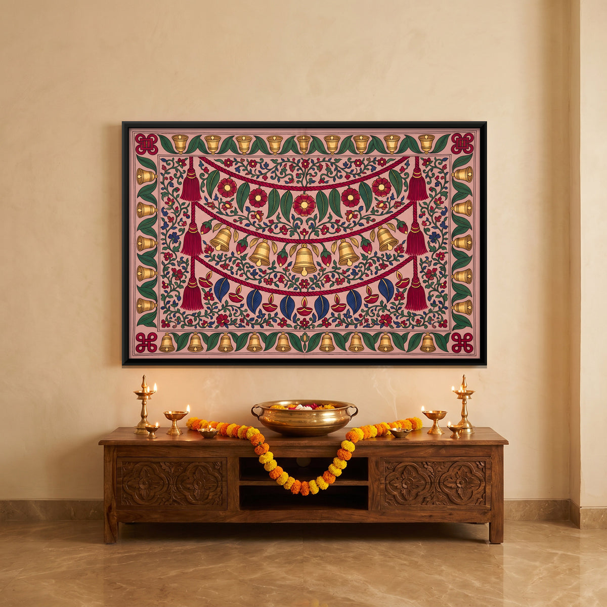Toran with Temple Bells - canvas art shown in a second room setting