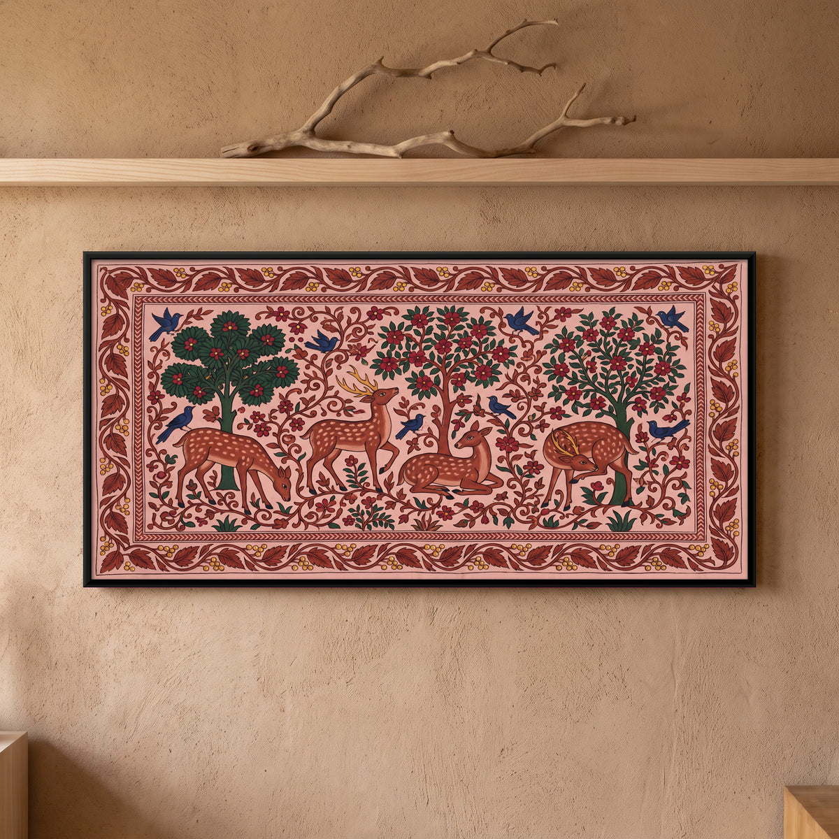Deer in a Flowering Grove - framed canvas art hung on a wall