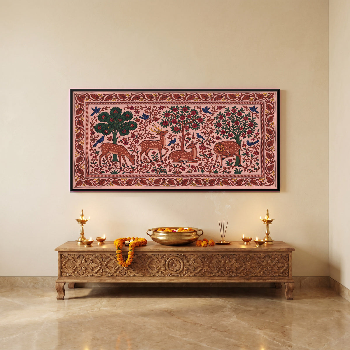 Deer in a Flowering Grove - canvas art shown in a styled room