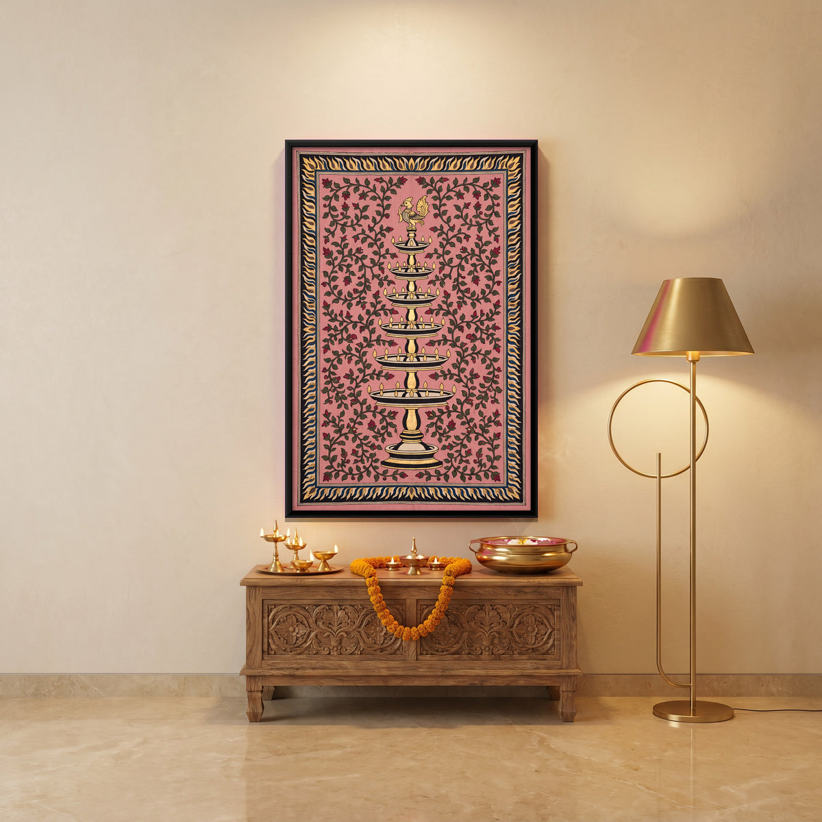 Tiered Temple Lamp - canvas art shown in a styled room