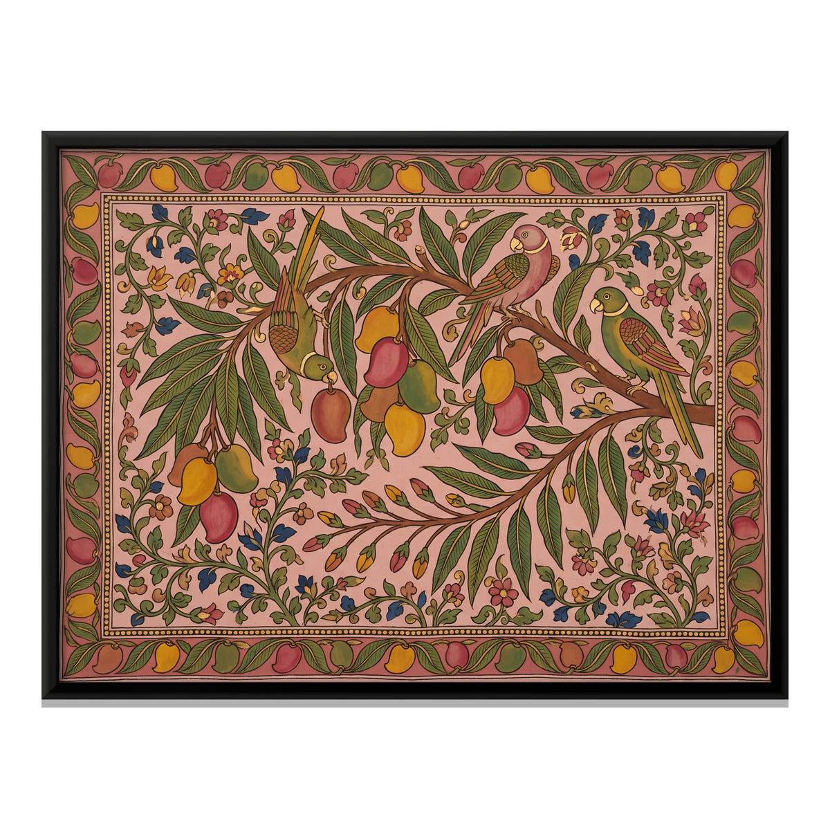 Parrots on a Mango Branch - framed canvas print, front view