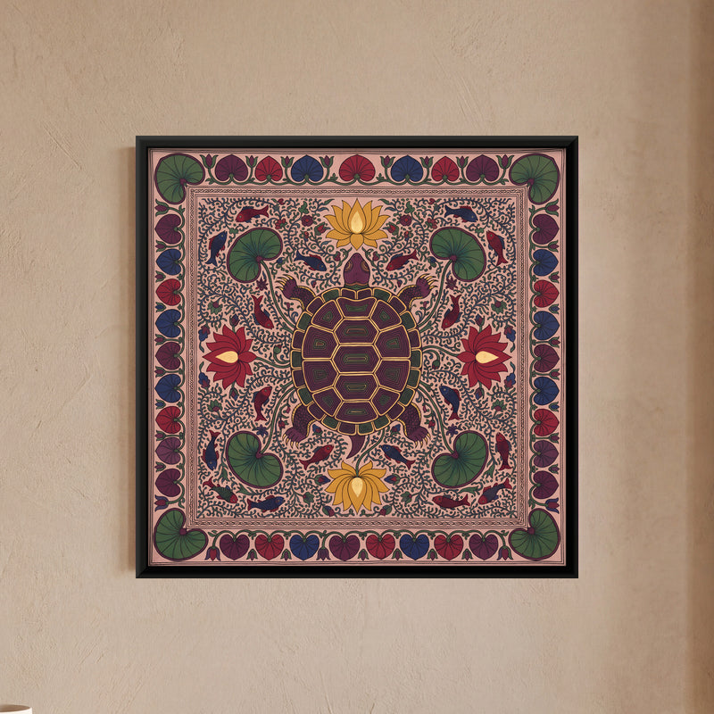 Turtle in a Lotus Pond - framed canvas art hung on a wall