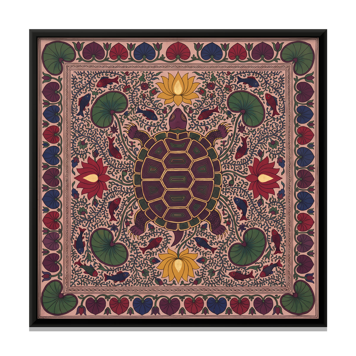 Turtle in a Lotus Pond - framed canvas print, front view