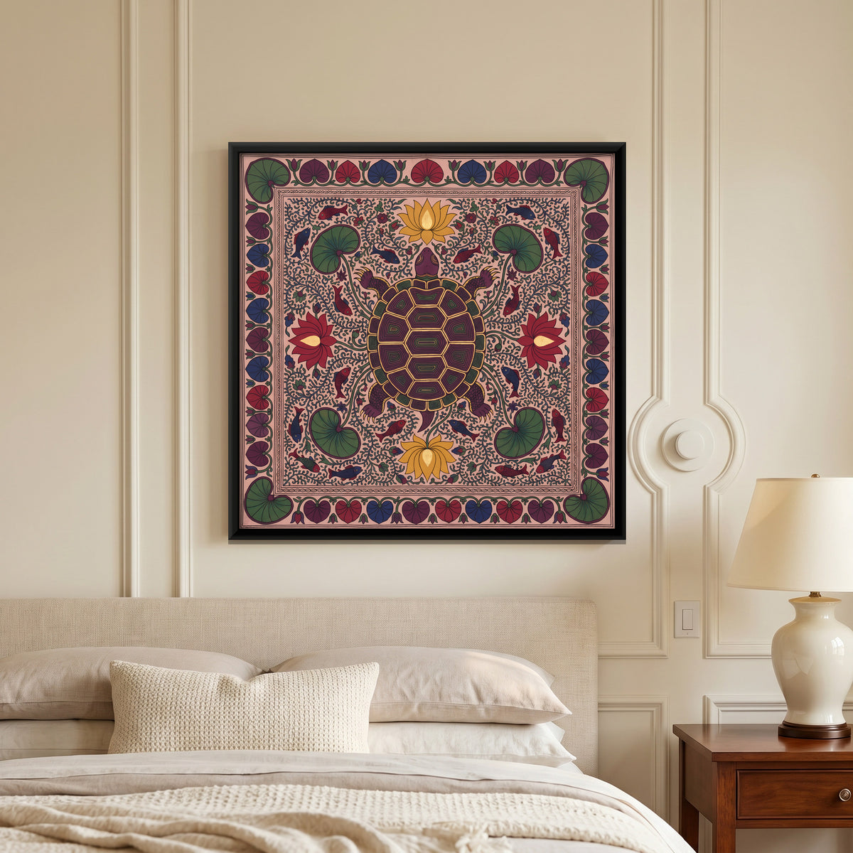 Turtle in a Lotus Pond - canvas art shown in a styled room