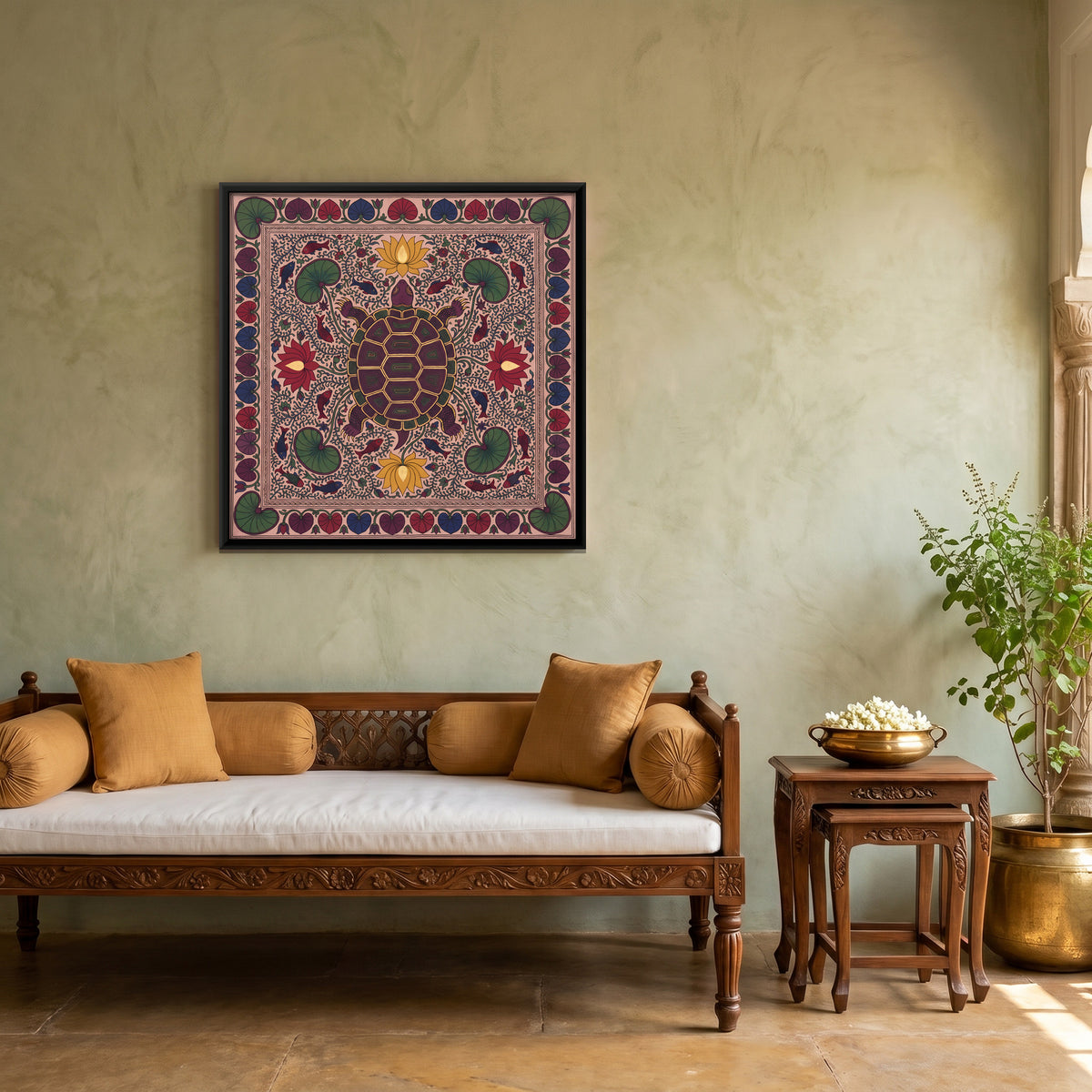 Turtle in a Lotus Pond - canvas art shown in a second room setting