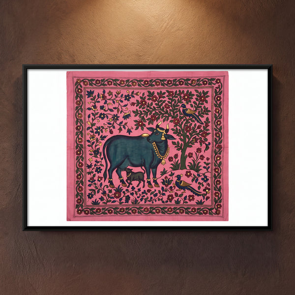Dark Cow with Calf Under a Flowering Tree