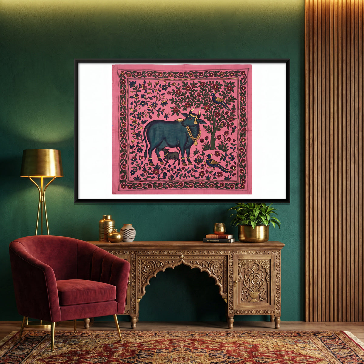 Gau Mata with Her Calf - canvas art shown in a styled room