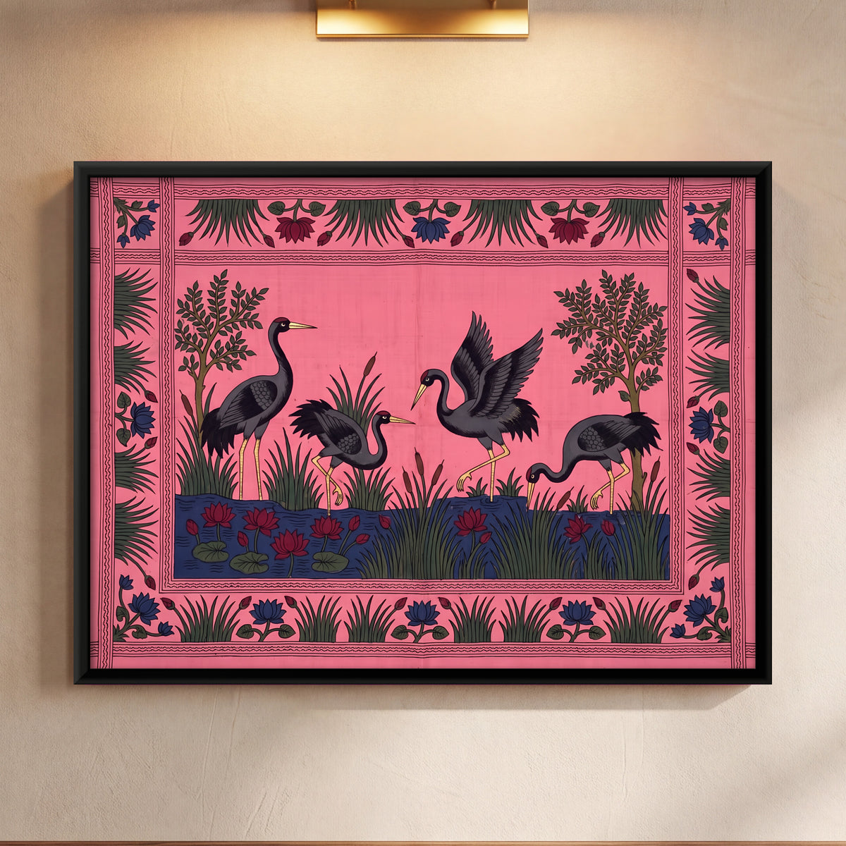 Cranes at a Lotus Pool - framed canvas art hung on a wall