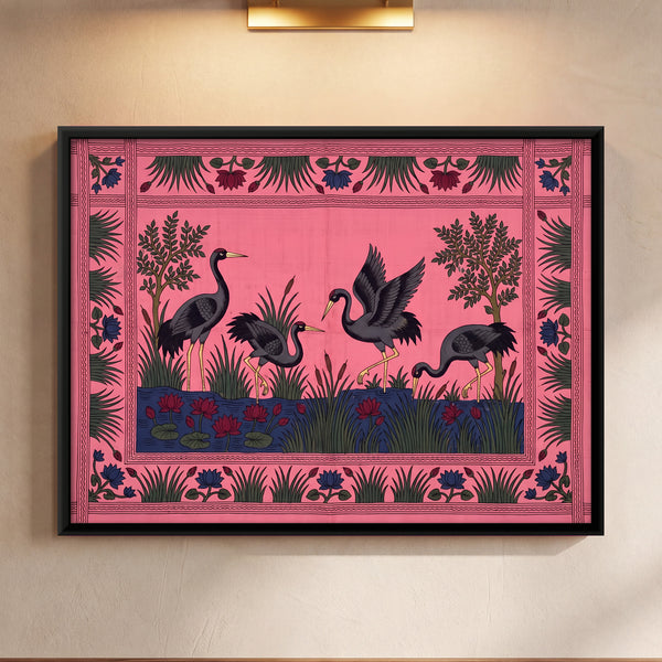Cranes Wading in a Lotus Pool