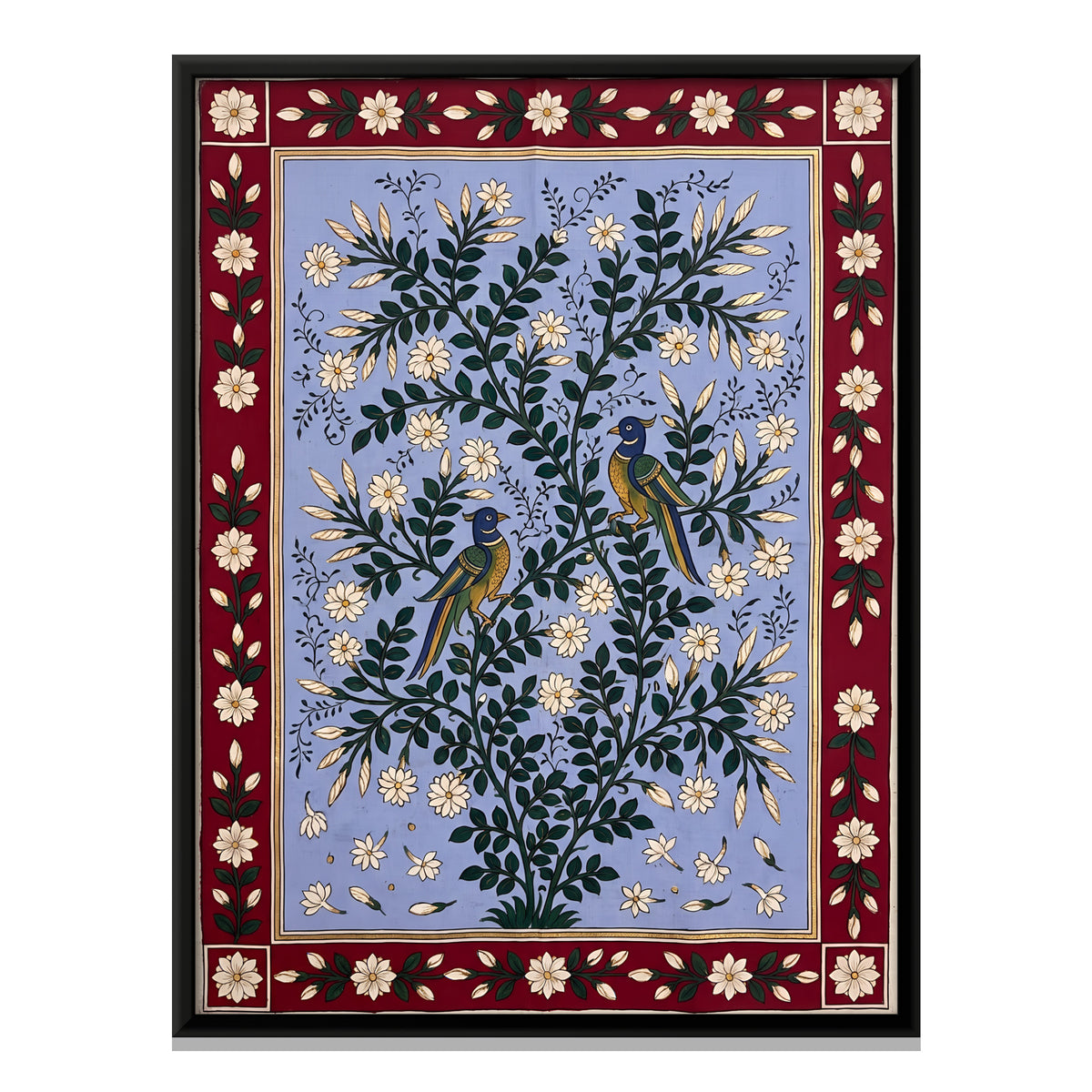 Birds in Jasmine Blossom - framed canvas print, front view