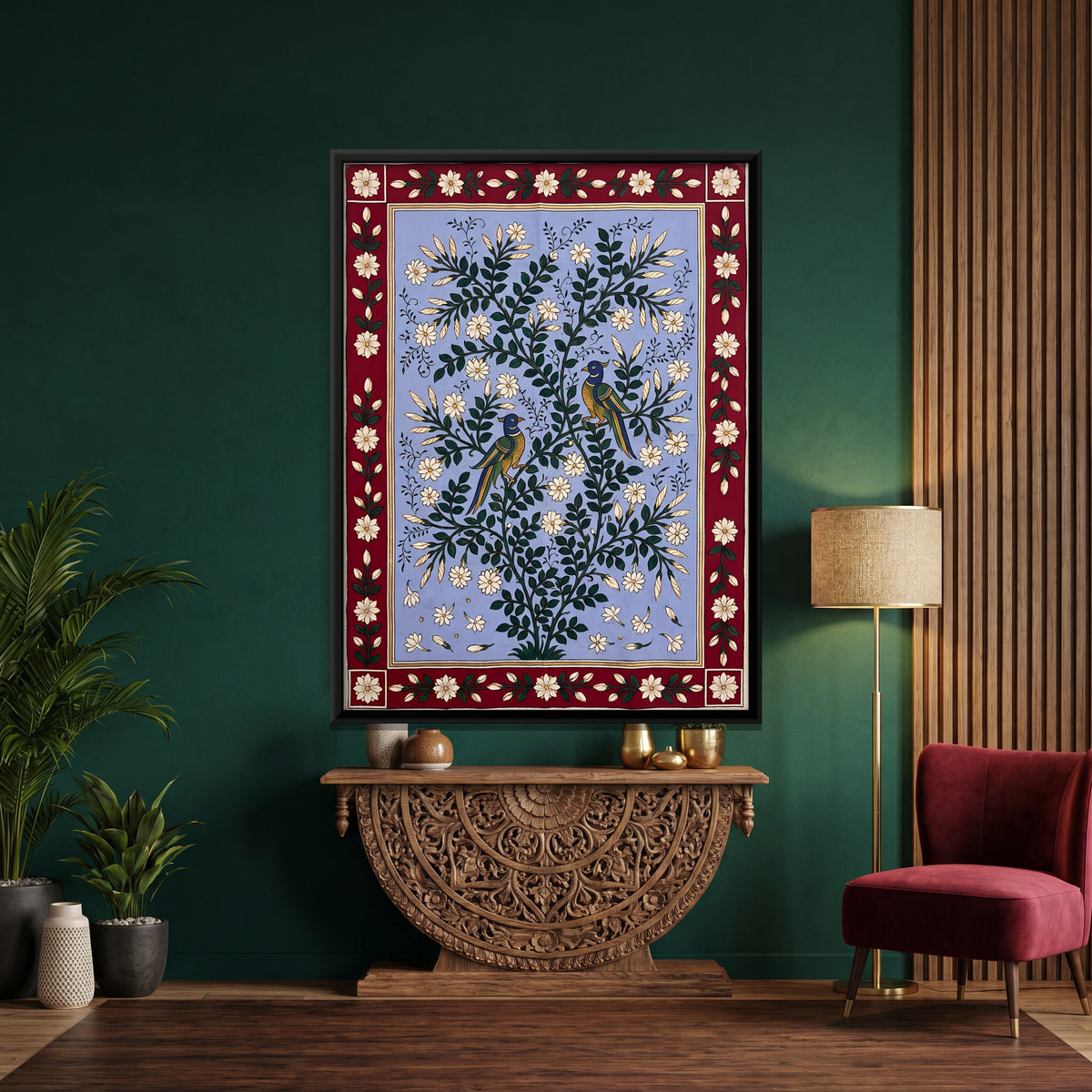 Birds in Jasmine Blossom - canvas art shown in a styled room