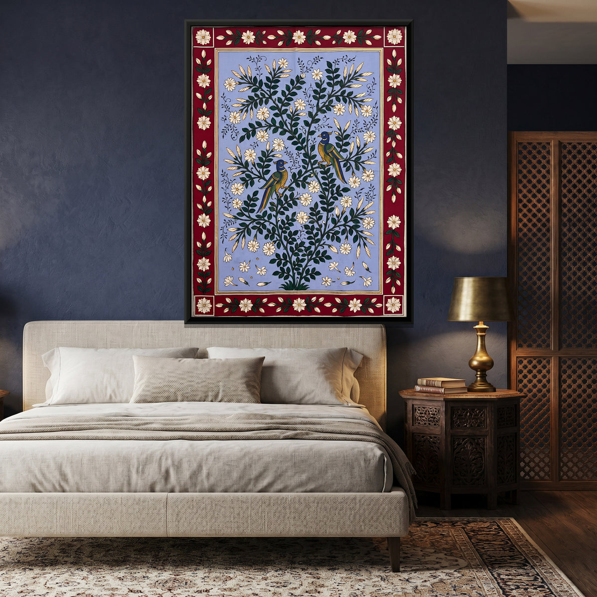 Birds in Jasmine Blossom - canvas art shown in a second room setting
