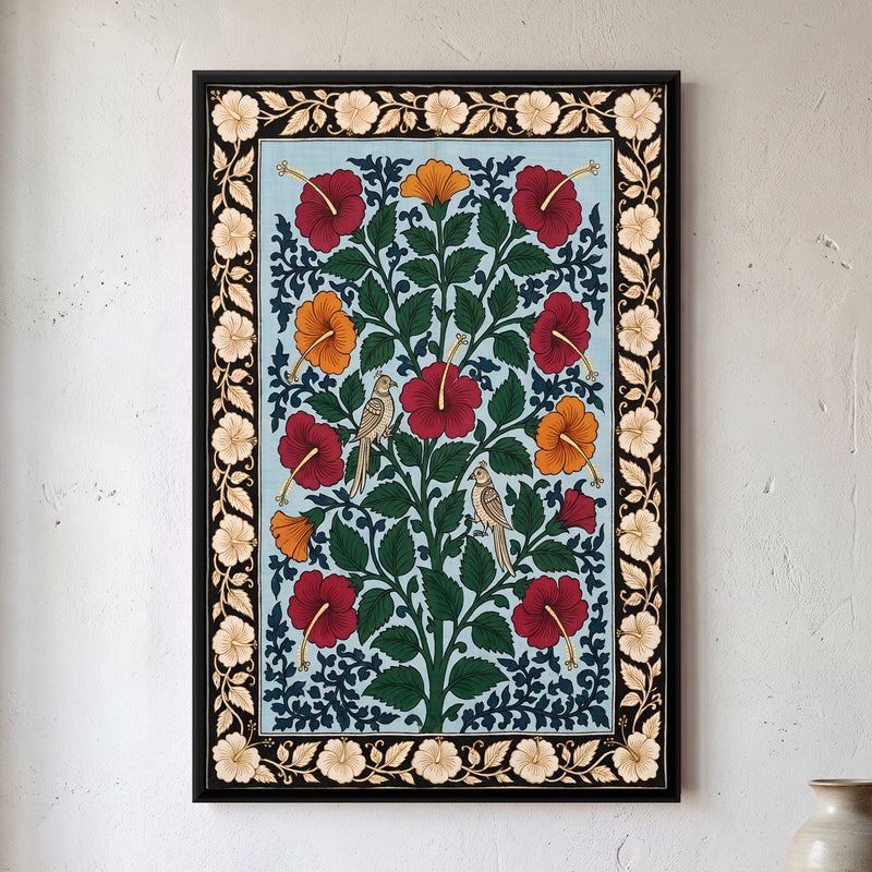 Hibiscus Blooms with Birds - framed canvas art hung on a wall