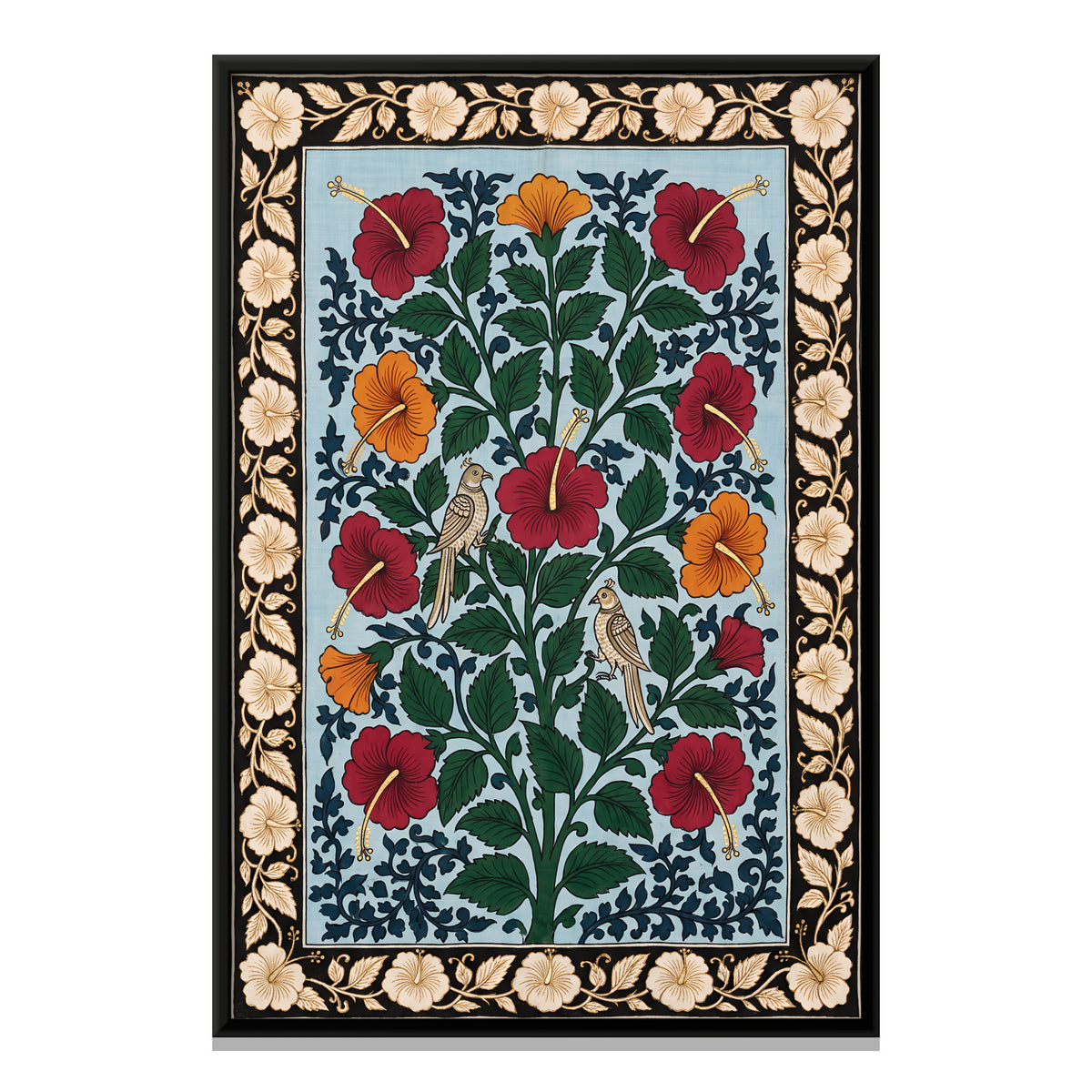 Hibiscus Blooms with Birds - framed canvas print, front view