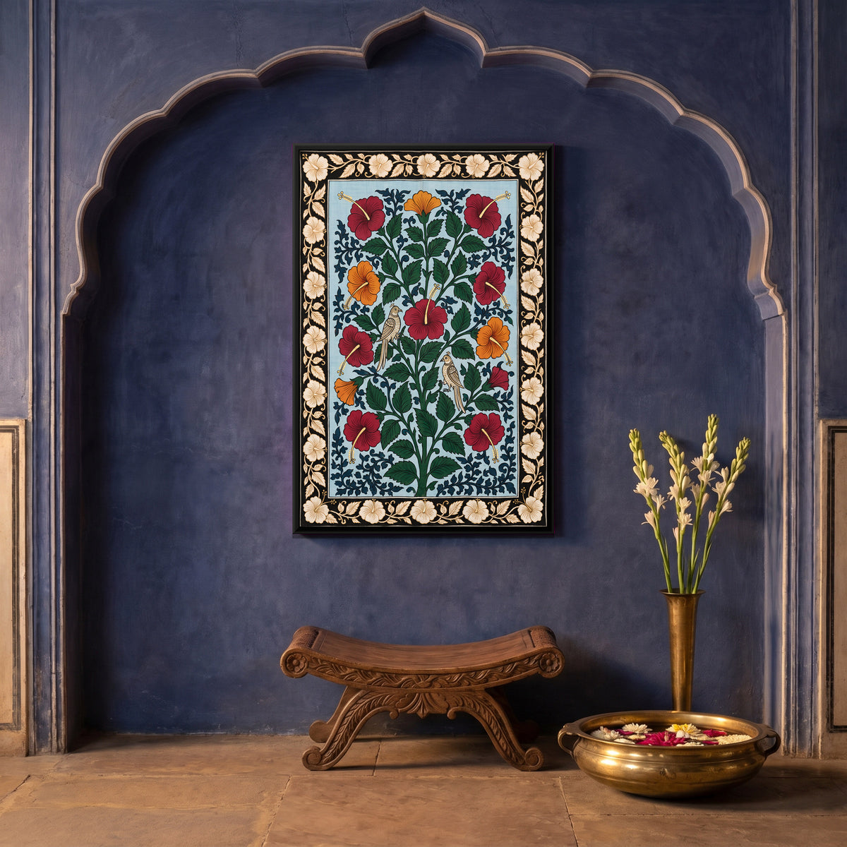 Hibiscus Blooms with Birds - canvas art shown in a styled room