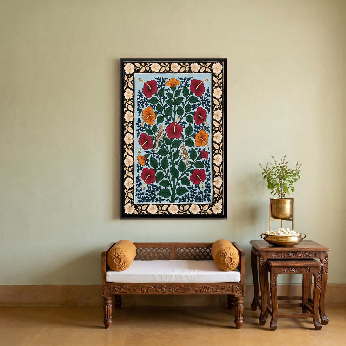 Hibiscus Blooms with Birds - canvas art shown in a second room setting