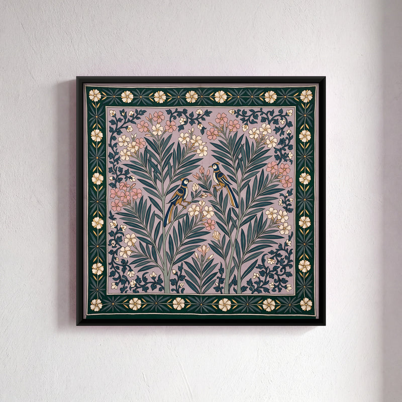 Oleander Blooms with Birds - framed canvas art hung on a wall