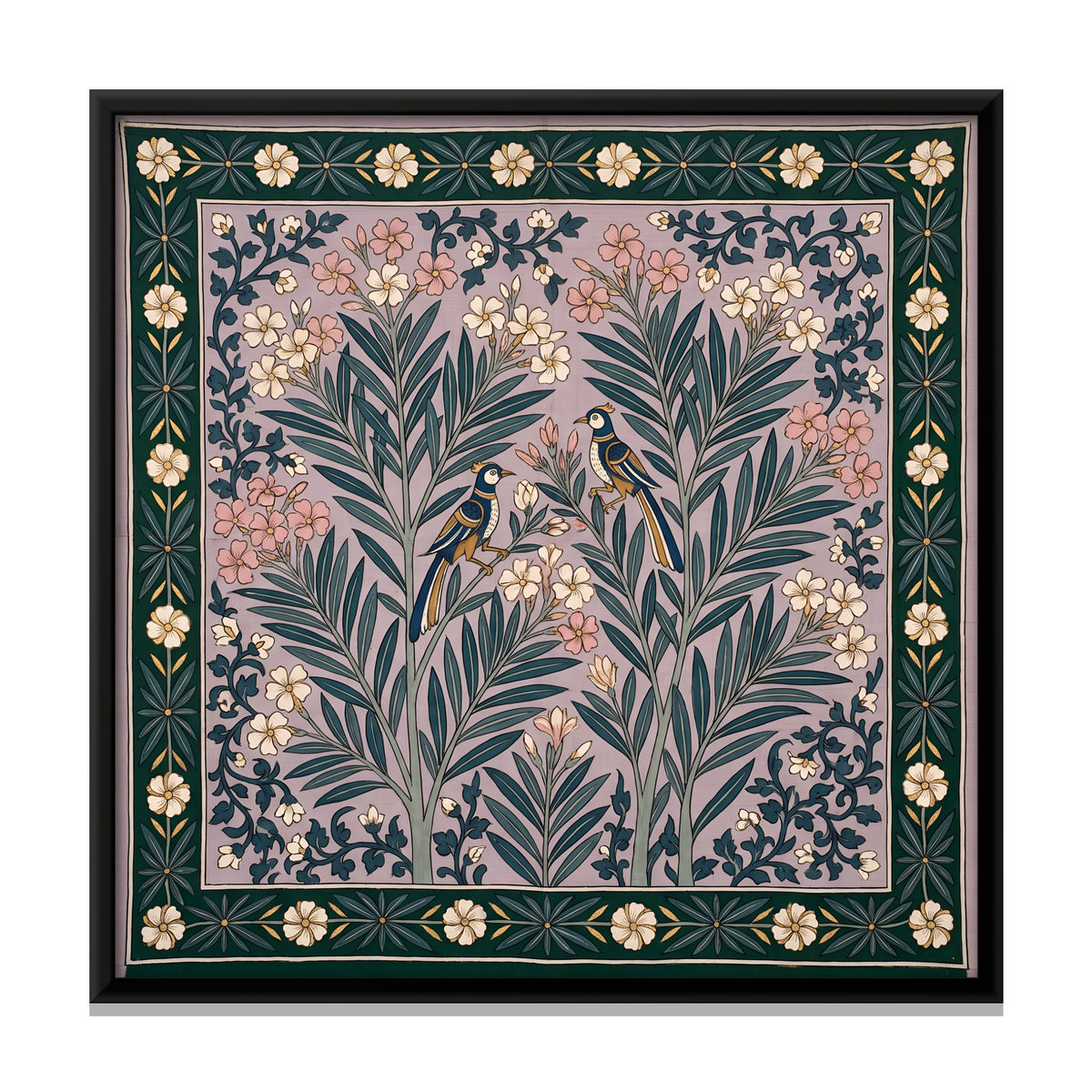 Oleander Blooms with Birds - framed canvas print, front view