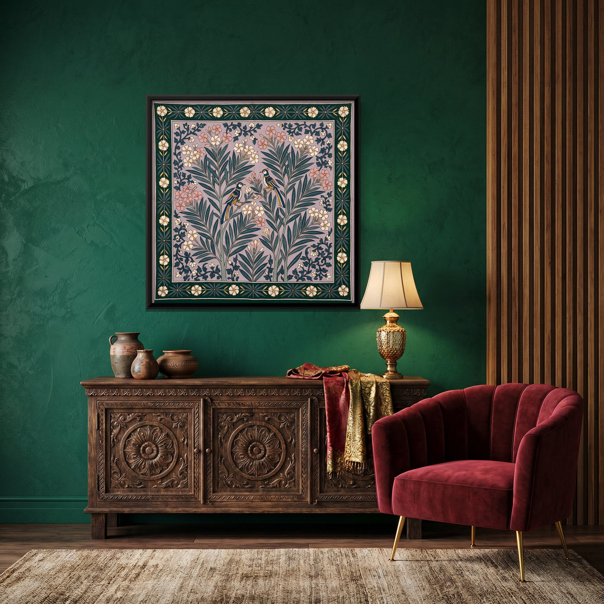 Oleander Blooms with Birds - canvas art shown in a second room setting