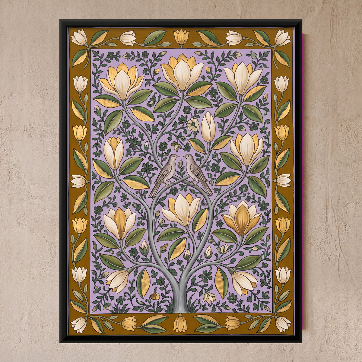 Magnolia Tree with Birds - framed canvas art hung on a wall