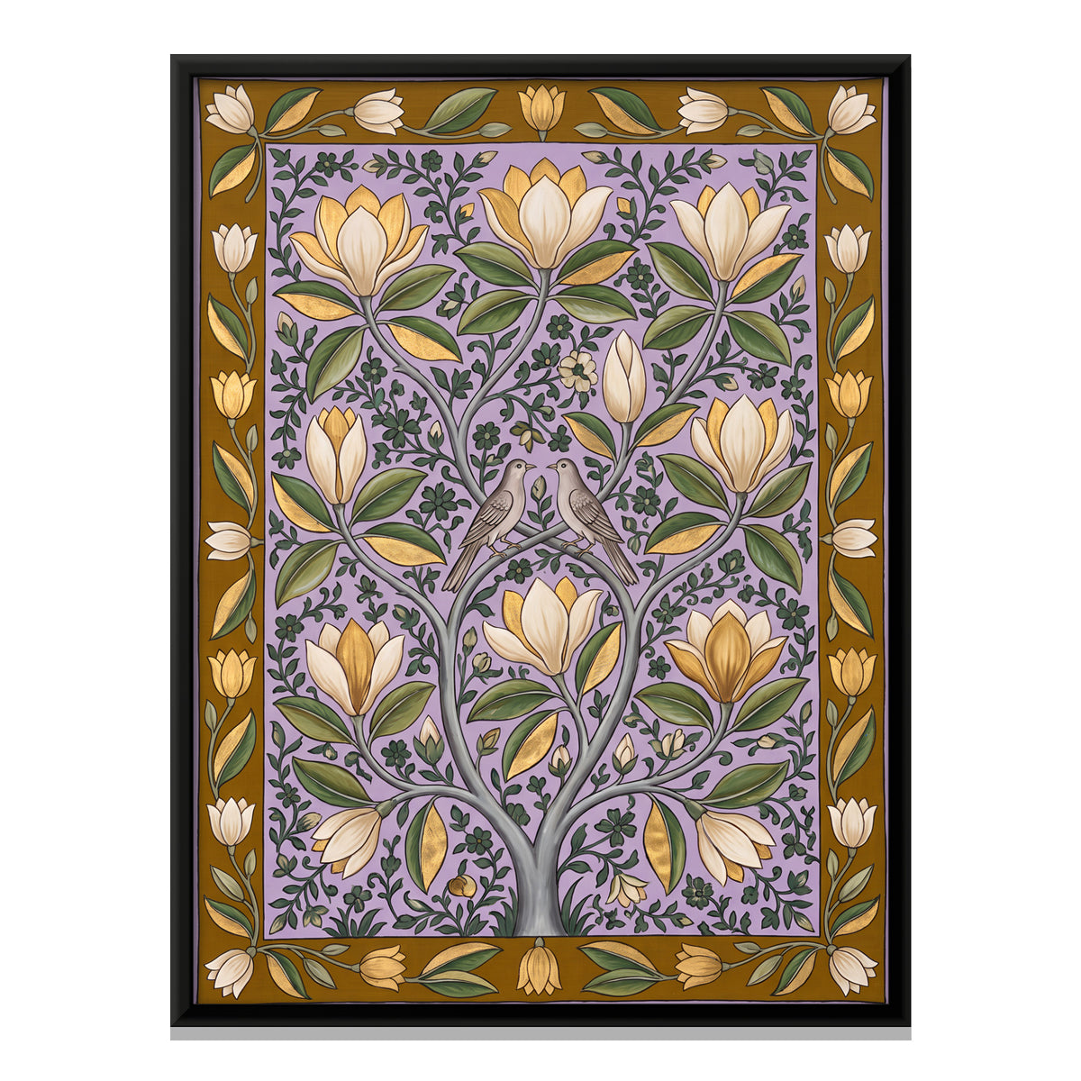 Magnolia Tree with Birds - framed canvas print, front view
