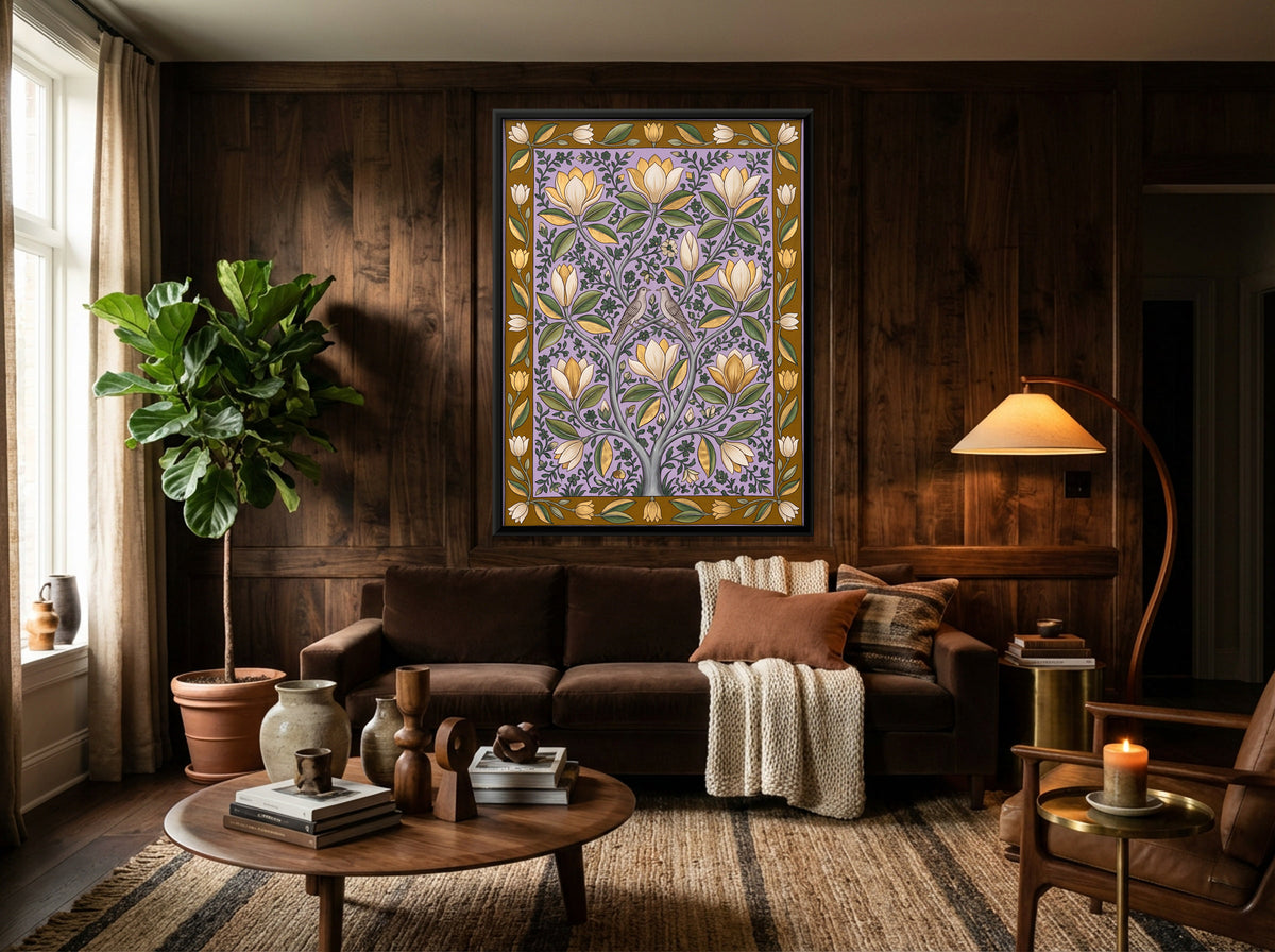 Magnolia Tree with Birds - canvas art shown in a styled room