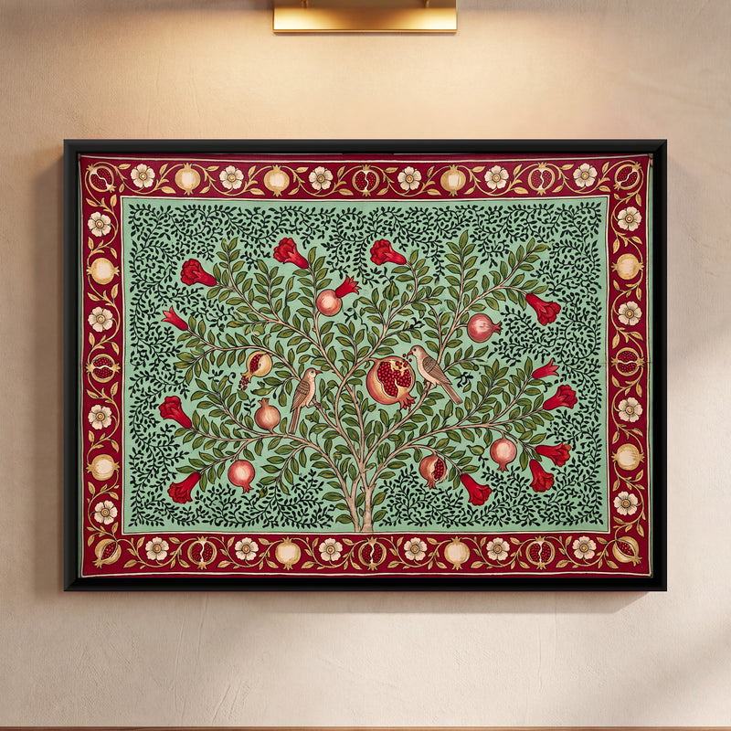 Pomegranate Tree with Birds - framed canvas art hung on a wall