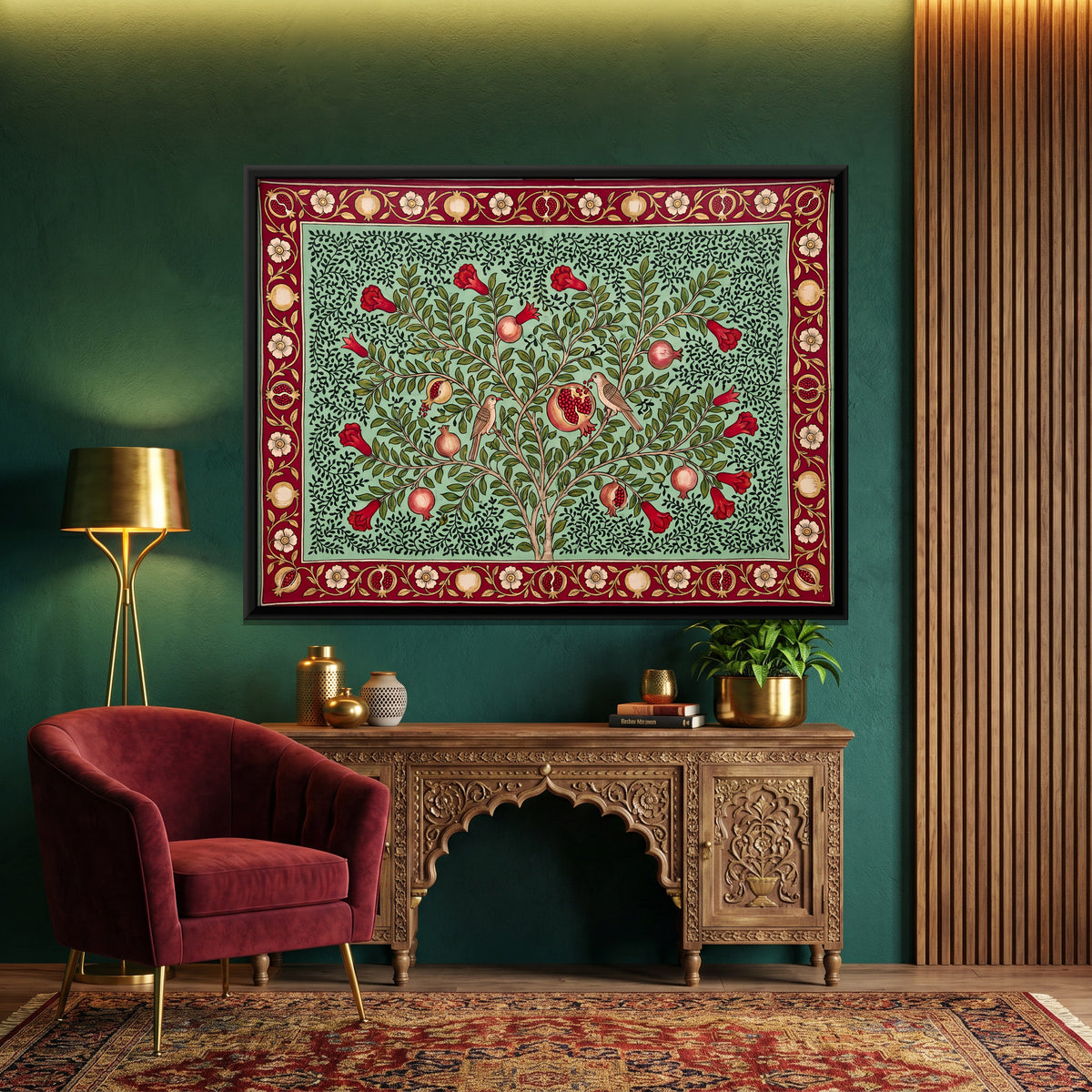 Pomegranate Tree with Birds - canvas art shown in a second room setting
