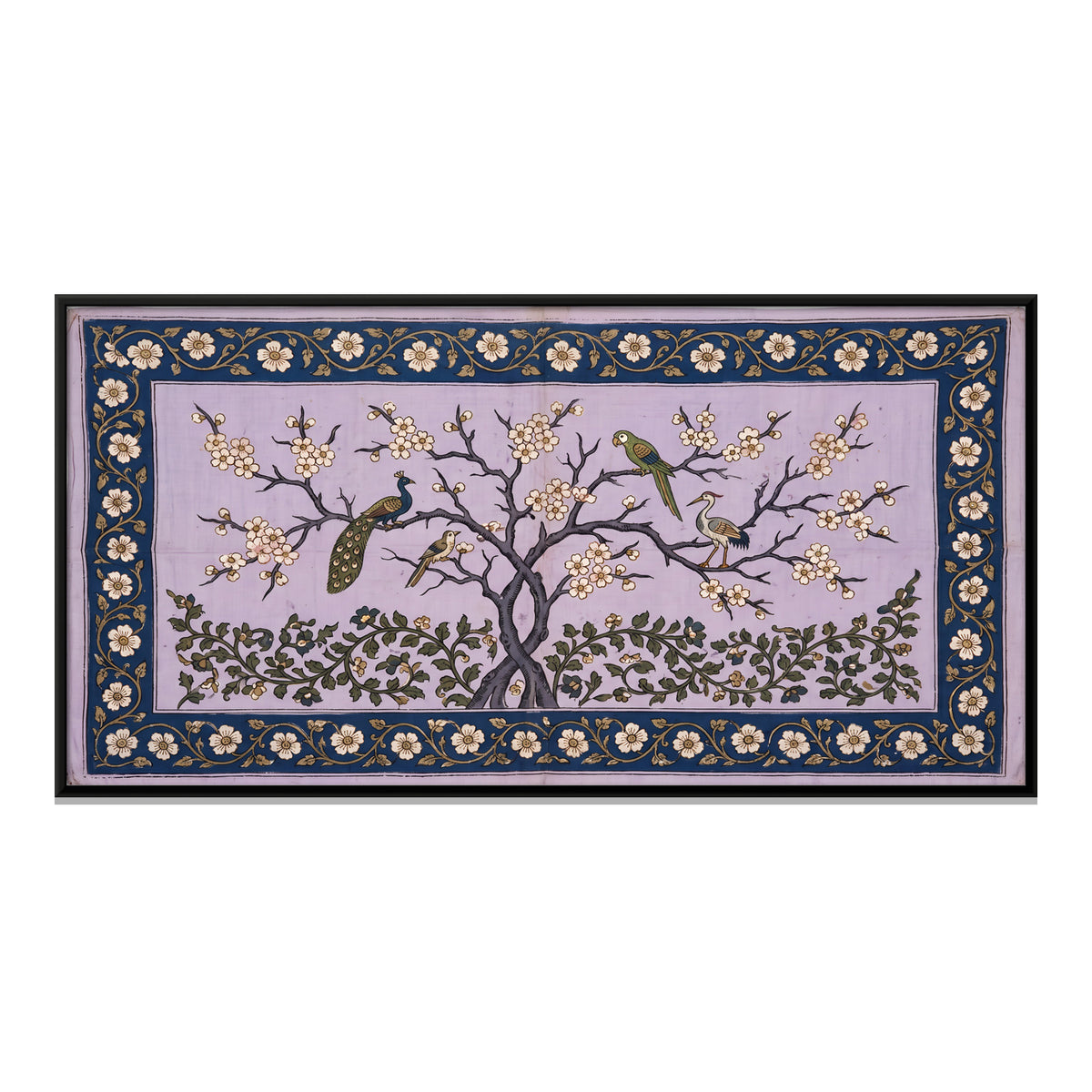 Peacock Under a Blossoming Tree - framed canvas print, front view