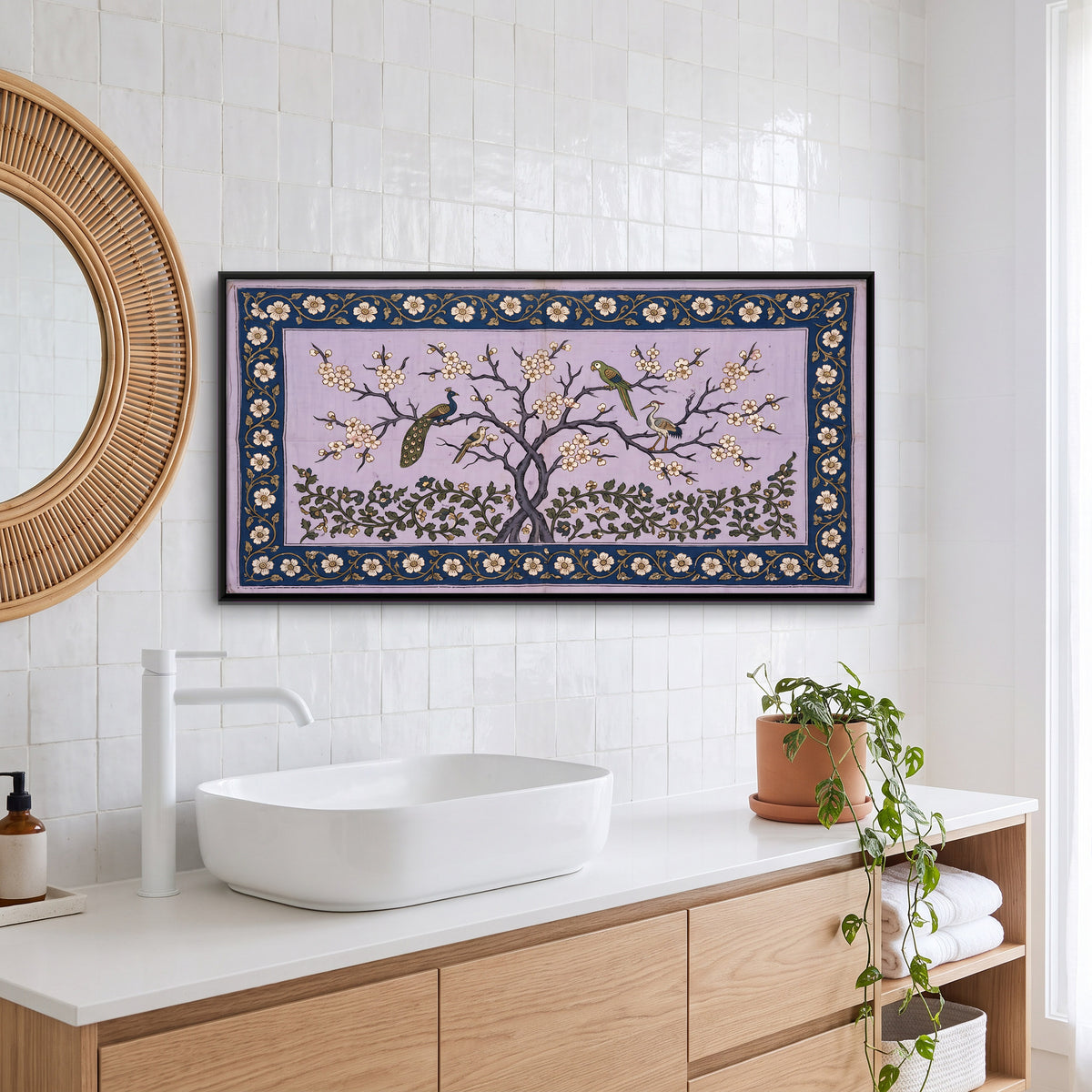 Peacock Under a Blossoming Tree - canvas art shown in a second room setting