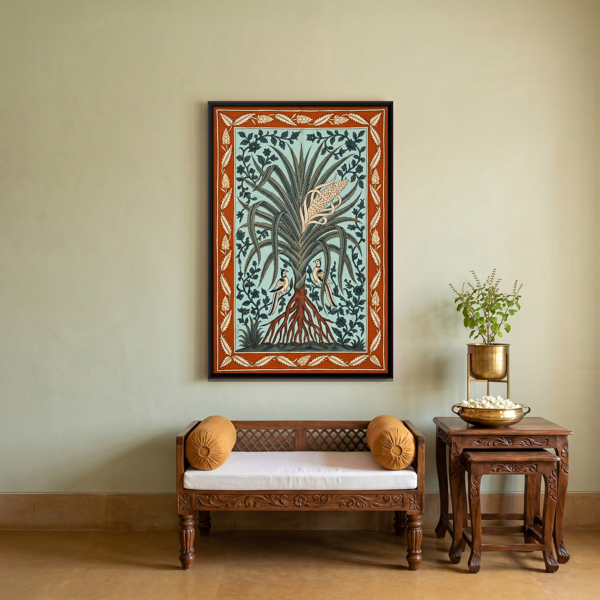 Flowering Screwpine with Birds - canvas art shown in a styled room