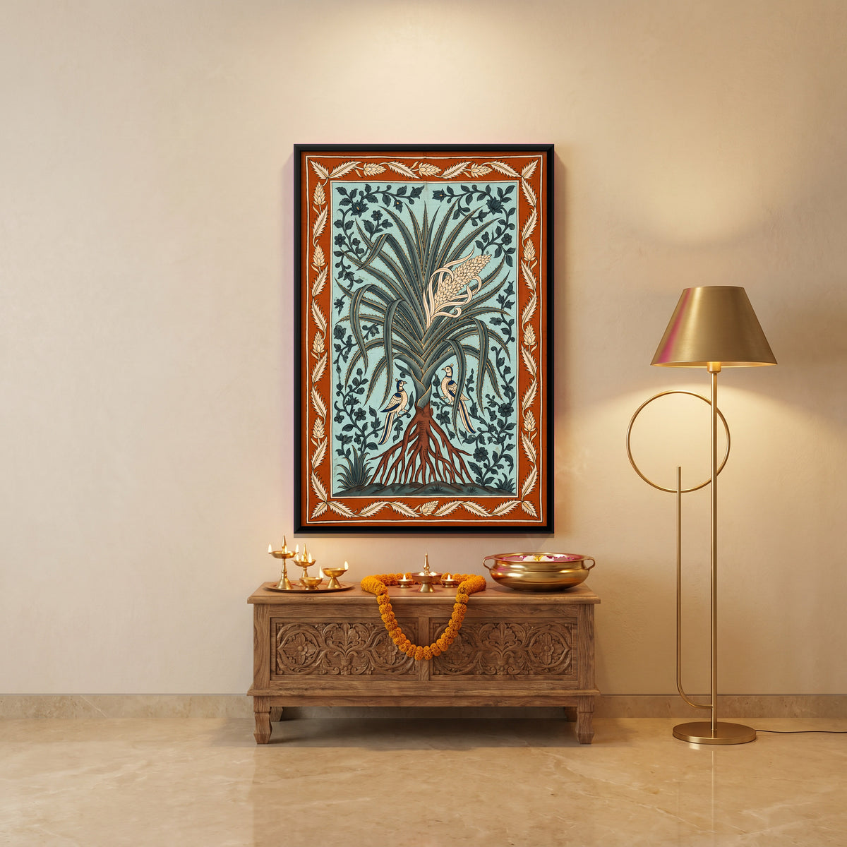 Flowering Screwpine with Birds - canvas art shown in a second room setting