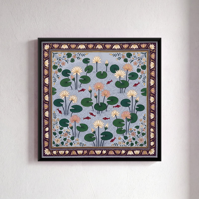 Lotus Pond with Fish - framed canvas art hung on a wall