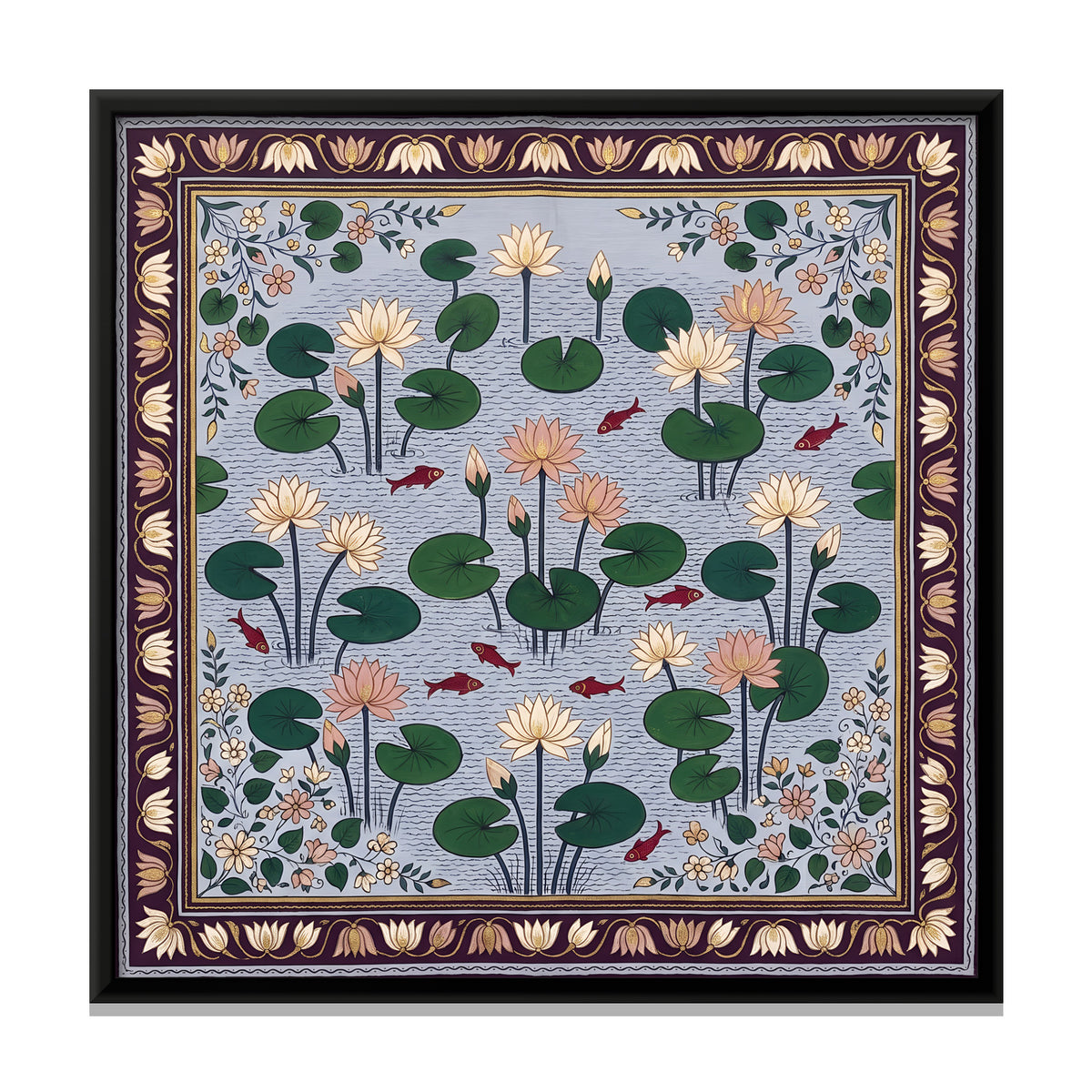 Lotus Pond with Fish - framed canvas print, front view