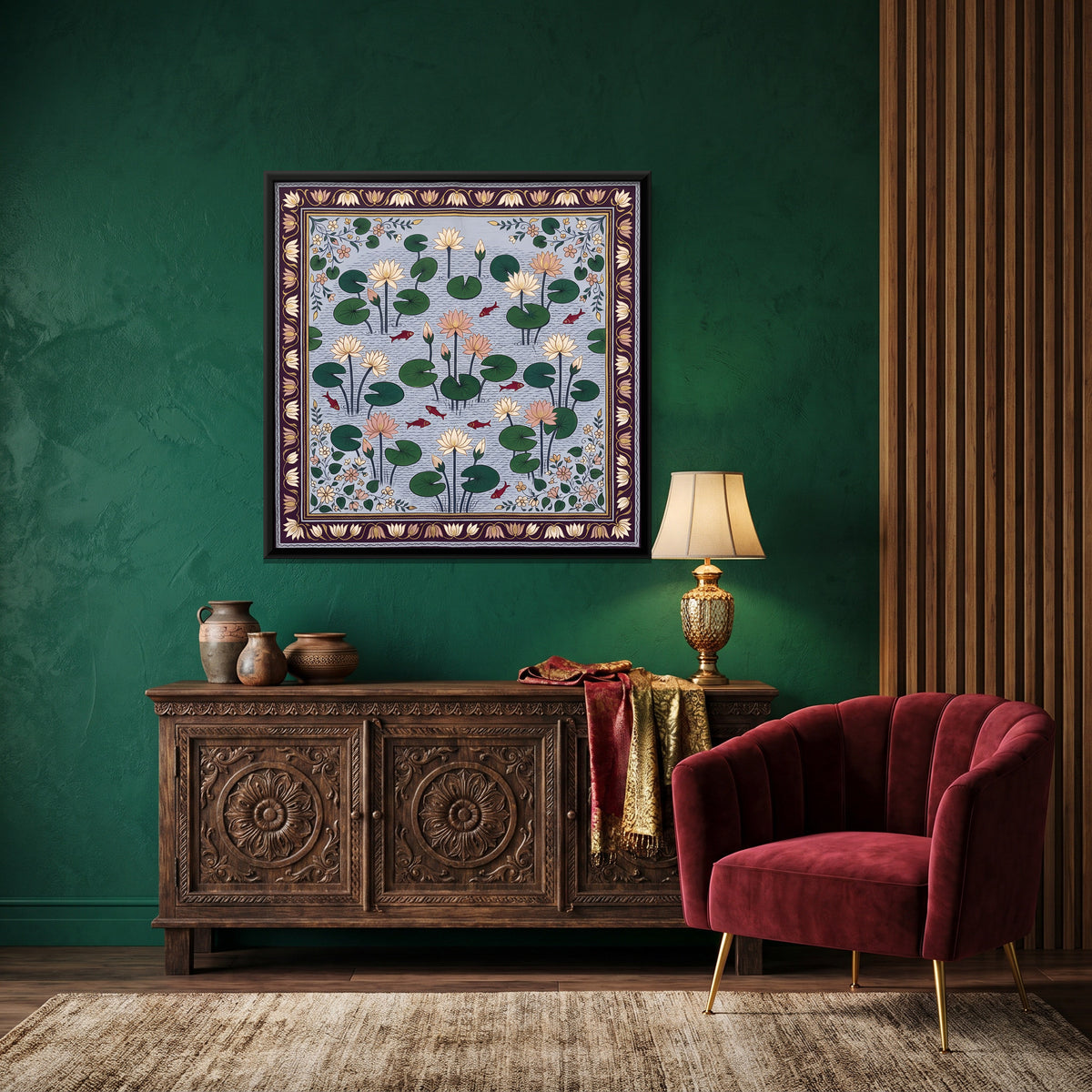 Lotus Pond with Fish - canvas art shown in a second room setting