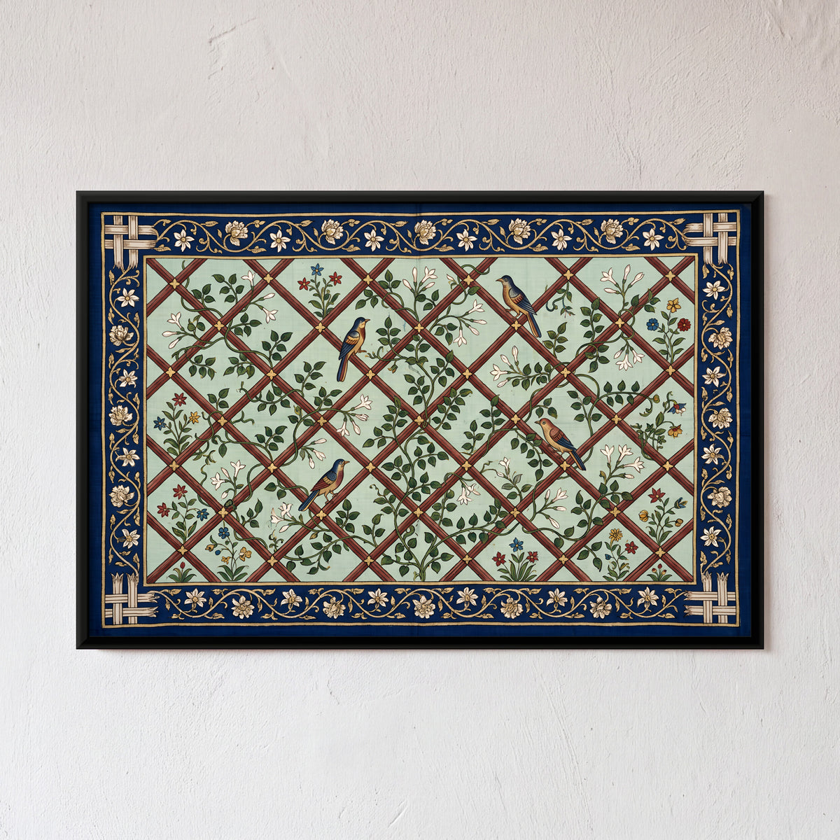 Birds on a Flowering Trellis - framed canvas art hung on a wall