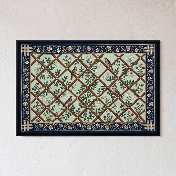 Diagonal Trellis with Flowering Vines and Birds