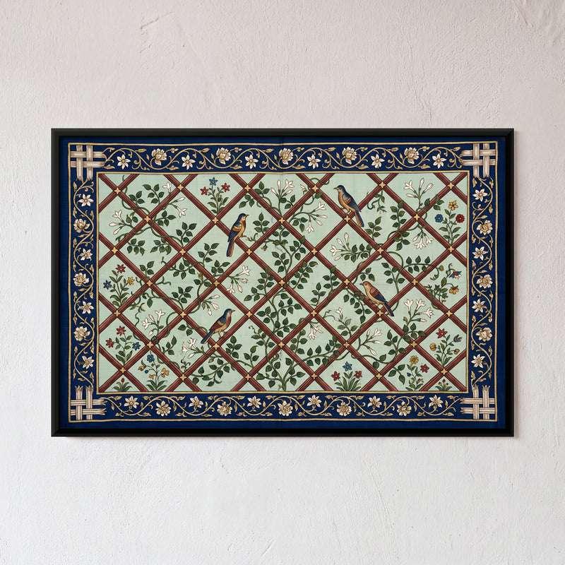 Birds on a Flowering Trellis - framed canvas art hung on a wall